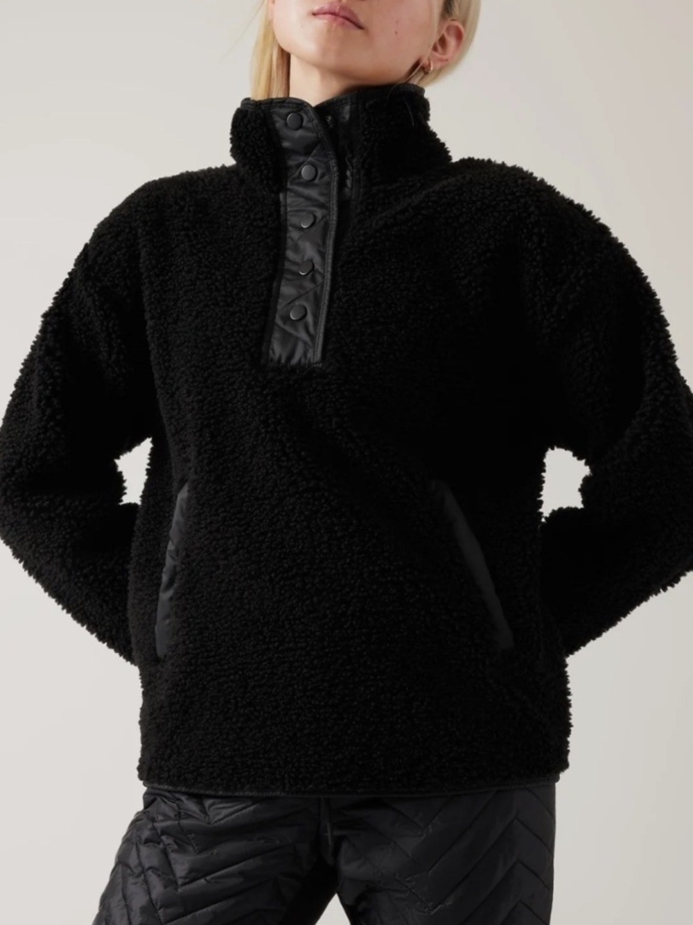 Athleta Sz XL Jacket Black Sherpa Snap Placket Pullover Coat Sweater Fall Cozy